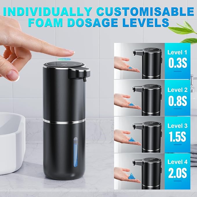 Automatic Soap Dispenser with Sensor, Rechargeable Wall Mount Touchless Soap Dispenser, 4-Level Adjustable, IPX5 Waterproof, 380ml Liquid Soap Dispenser for Bathroom, Kitchen
