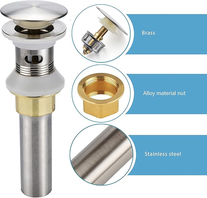 Rockgoya Bathroom Sink Drain,2 Pack Drain Stopper Bathroom Sink with Overflow,Pop Up Drain Assembly with Detachable Strainer Basket,Built-in Anti-Clogging Strainer,Stainless Steel Brushed Nickel