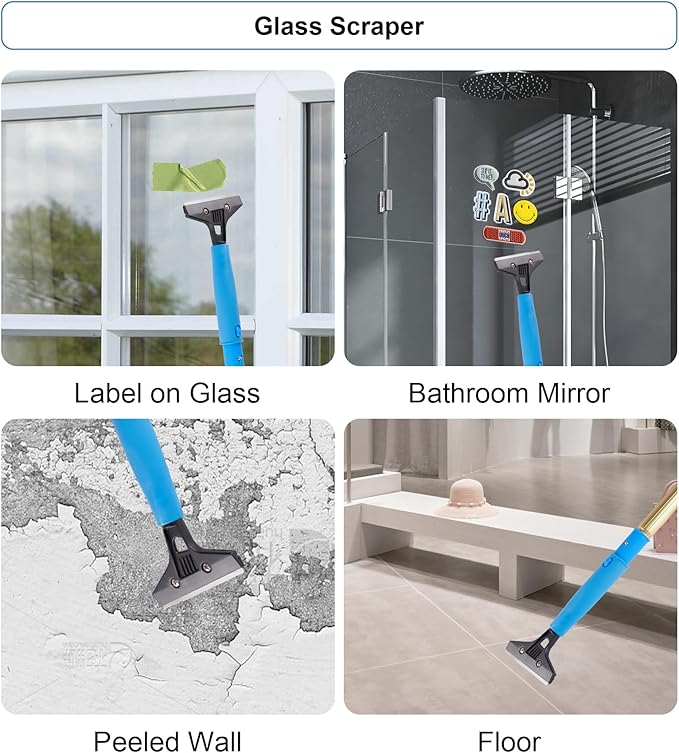 2 in 1 Window Squeegee Cleaning Kit with Aluminum Alloy Extension Poles, Scrubber, Glass Scrapper, Bendable Duster,2 Scrubber Cloth for Window, Car