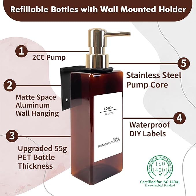 Shampoo Dispenser for Shower Wall, Shampoo and Conditioner Dispenser with 16 Waterproof Labels, No Drill Shower Soap Dispenser Bathroom, Shower Soap Dispenser Wall Mounted 3 Chamber, 17oz, Gold Amber