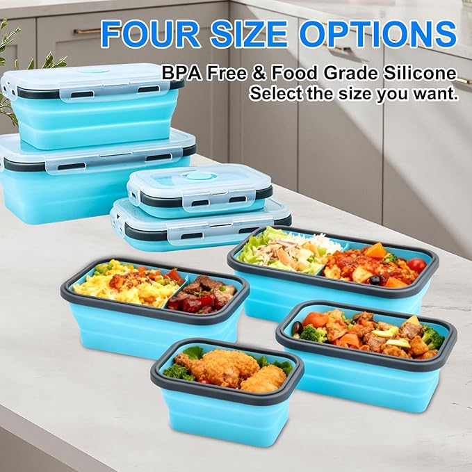 Collapsible Silicone Food Storage Containers 4 Set Airtight Leak Proof Food Containers with Lids Meal Prep for Microwave Freezer Dishwasher for Kitchen Camping Office Sky Blue