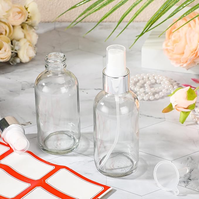 Fumete 2 Pack Glass Bottles 4oz Empty Refillable Liquid Containers with 1 Label 1 Funnel for Essential Oils Hair Travel Plants Cleaning Skin Care(Clear, Silver Top,Mist Bottle)