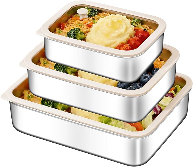 GIUOIDUO 3-Piece Extra Thick 304 Stainless Steel Food Storage Containers with Non-Stick Bottom, Airtight Glass Lids & Silicone Seal