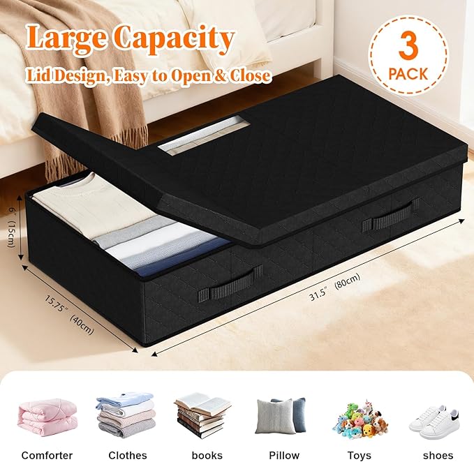 Under Bed Storage Containers with Lids, 3 Pack, Black