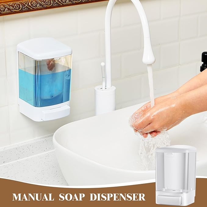 Hushee 2 Pcs Commercial Soap Dispenser Hand Wall Mounted Bathroom 33.8oz/1000ml Manual Soap Dispenser Liquid Containers with Pump White Shower Plastic Wash Wall Container Shampoo Gel for Kitchen Hotel