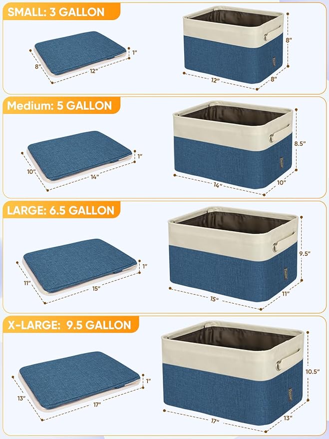 3 Pack Fabric Closet Storage Bins for Shelves, Navy Blue, 12"x8"x8"