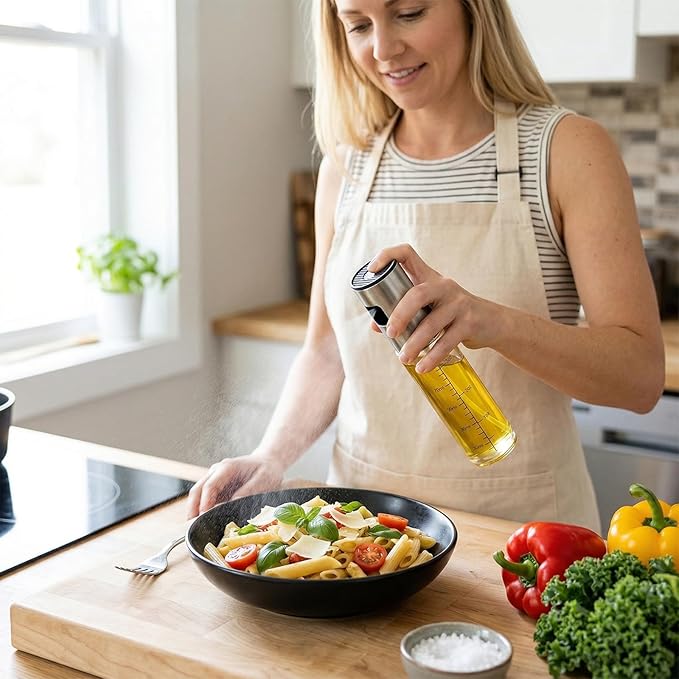 2 Pack Oil Sprayer for Cooking, Upgraded Olive Oil Sprayer Mister with Scale, Refillable Glass Oil Spray Bottle, Air Fryer Accessories for Kitchen, Salad, BBQ, Baking