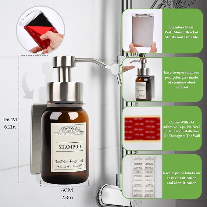Glass Soap Dispenser with Pump and Wall Mount Holder,8.5 Oz Shampoo and Conditioner Dispenser,Dish Soap Dispenser with Waterproof Labels,2 Pack|Silver