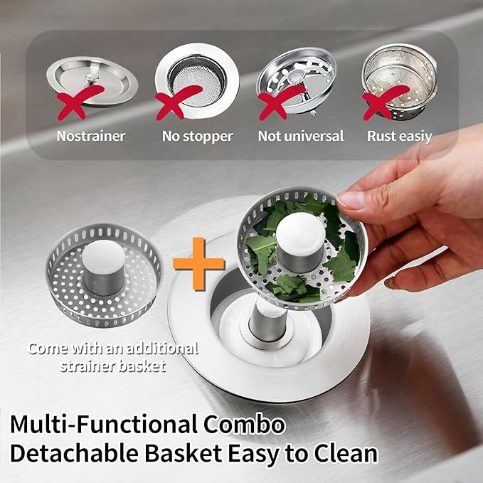 3-in-1 Stainless Steel Kitchen Sink Drain Strainer – Pop-up Sink Stopper with Sealing Ring, Anti-Clog & Odor-Proof Drain Filter, Fits 3-1/2 Inch Sink Drain Holes, Easy Installation