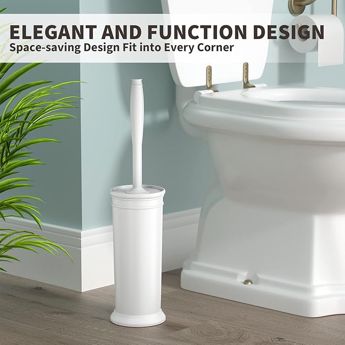 UPTRONIC Toilet Brush, Toilet Bowl Brush with Extra Long Handle Durable Bristles Toilet Scrubber and Covered Holder for Toilet Brush Set for Bathroom Cleaning (White, 1 Set)