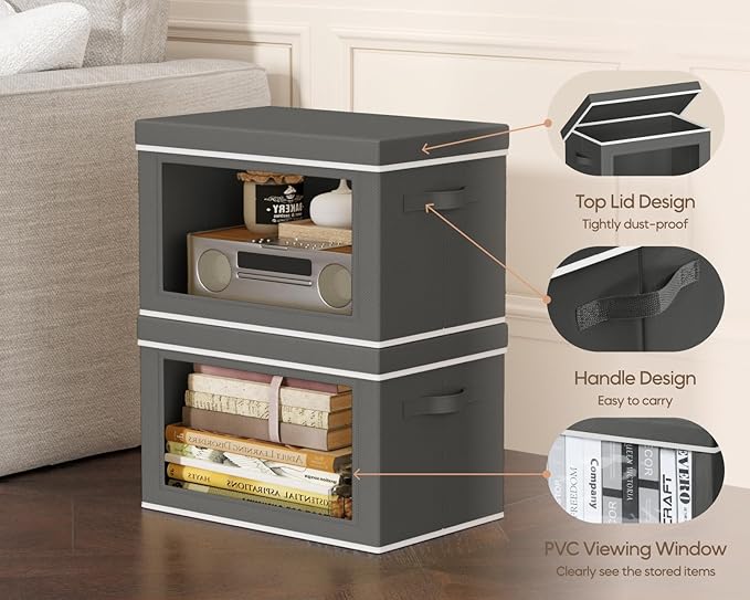 Homsorout Collapsible Storage Bins with Lids - Stackable Storage Boxes with Window, 15.7 Inch Fabric Organizing Bins for Closet, Home & Office Organization Baskets, Dark Grey, 3 Pack