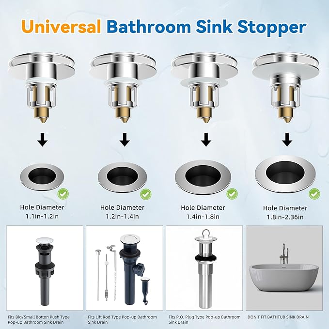 Universal Bathroom Sink Stopper, Metal Pop Up Sink Drain Strainer with Detachable Hair Catcher, Fits 1.1"-2.36" US Basin
