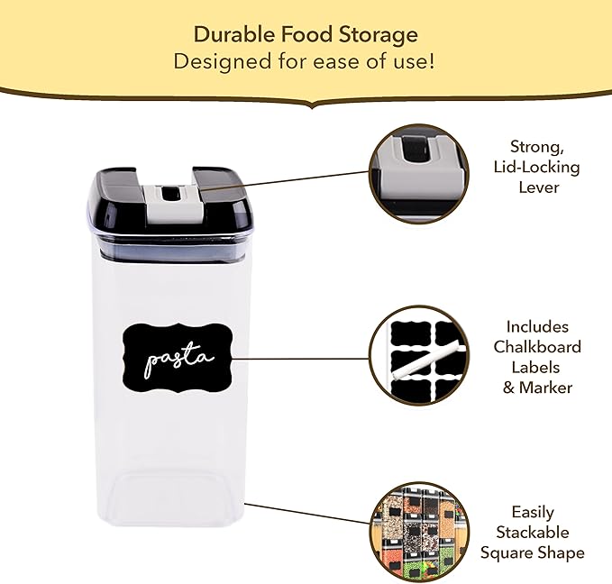 Simply Gourmet Airtight Food Storage Containers with Lids – 6 Piece Slim Kitchen Pantry Organization Set, 5 Cup Capacity, BPA-Free Clear Plastic