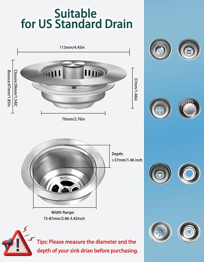 2 Pack Stainless Steel Sink Strainer - 3-1/2" Drain Combo