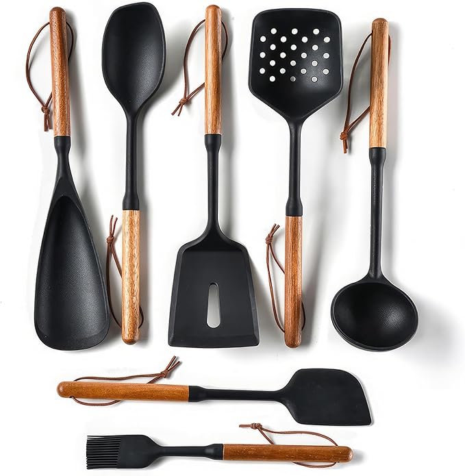 Silicone Cooking Utensils Set, 7PCS Silicone Kitchen Utensils with Wooden Handles, Heat Resistant Spatula Spoon Turner with Hanging Rope,Gadgets Utensil Set for Non-Stick Cookware BPA Free (Black)