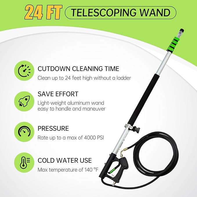 Realyou 24 FT Pressure Washer Telescoping Wand with Pressure Washer Extension Wand, Gutter Cleaner Tool, 5 Spray Nozzle Tips, 2 Hose Adapters, Support Belt and Bursh Head