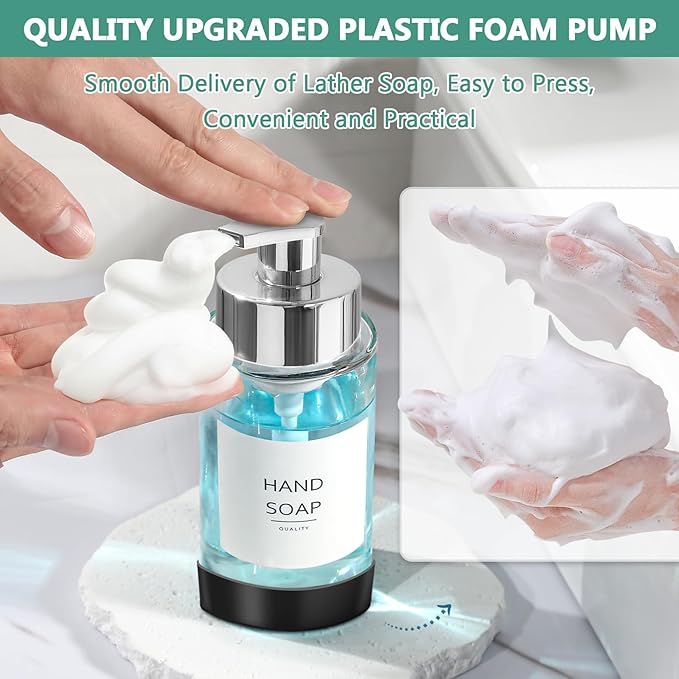 RYTOXILO Glass Soap Dispenser, 10 oz/300ml Foaming Soap Dispenser, 2 Pack Foaming Hand Dispenser with 2 Non-Slip Silicone Bottom Sleeve, Clear Refillable Foam Soap Bottle with Silver Pump