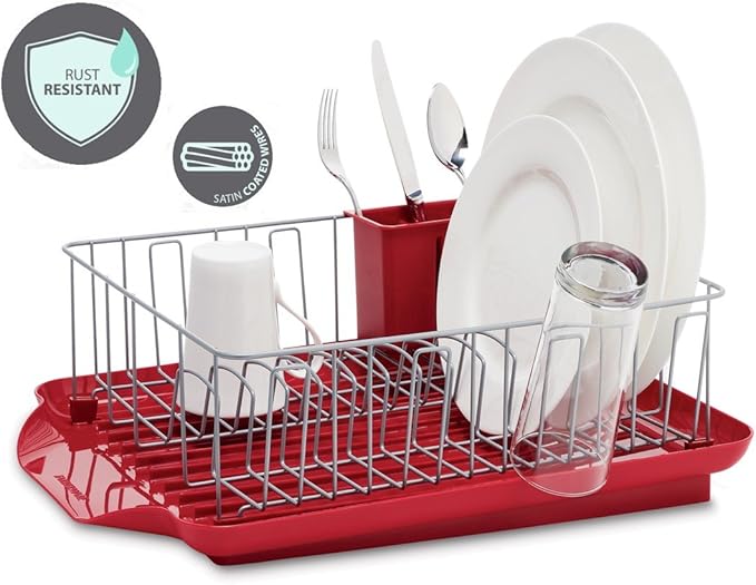Farberware Classic Large Rust Resistant Full Dishrack with Removable 3 Compartment Flatware Caddy, Andlged Drain Board, 3-Piece, Red