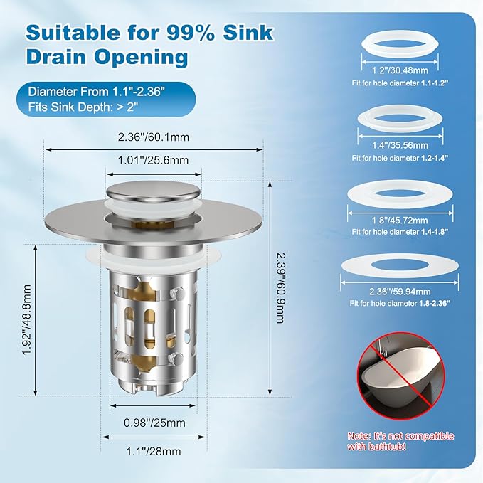 Hibbent 2 Pack Universal Bathroom Sink Drain Strainer, 3 in 1 Pop Up Stopper, Removable Stainless Steel Filter Basket, Brass Bullet Core