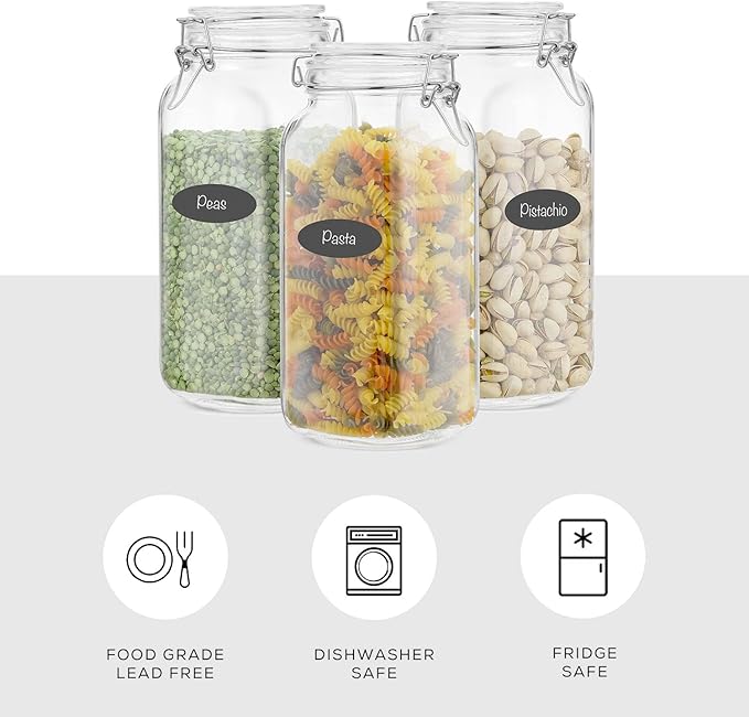 JoyJolt Airtight Glass Jars with Lids Set of 3. 78oz Glass Jar with Lid and 6 Silicone Seals! Large Glass Food Storage Containers. Square Mason Jar