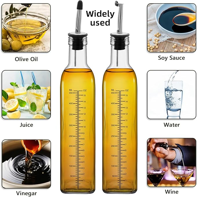 17oz 4 Pcs Scale Olive Oil Dispenser Bottle,500ml Glass Oil and Vinegar Dispenser Set with 4 Stainless Steel Pourers, 8 Labels,Funnel Oil Bottles for Kitchen (Clear)