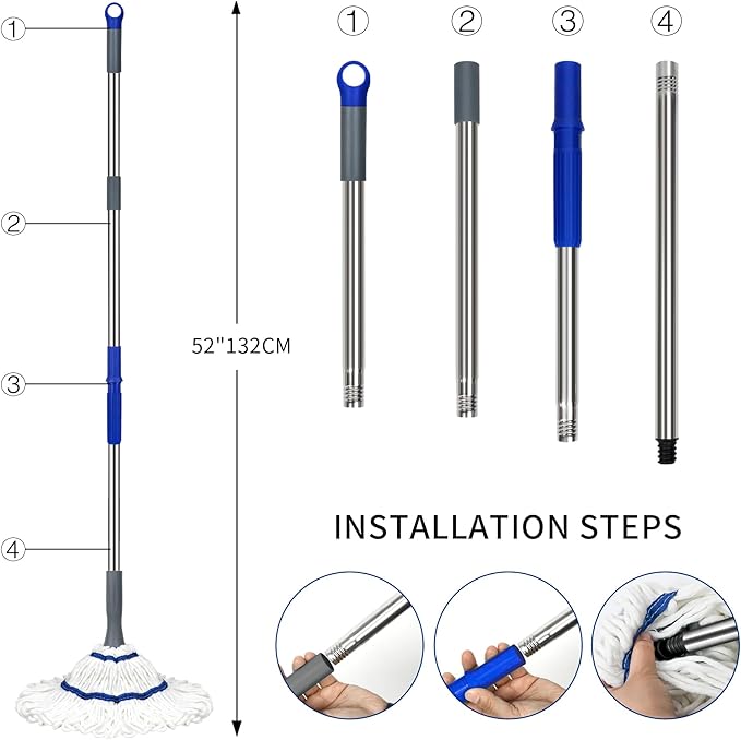 Silkyhose Self-Wringing Twist Mop Cotton Rotating Dry & Wet Mops with 2 Reusable Heads for Floor Cleaning Kitchen Bathroom Hardwood Vinyl Tile Laminate Household Office (White Style 2)