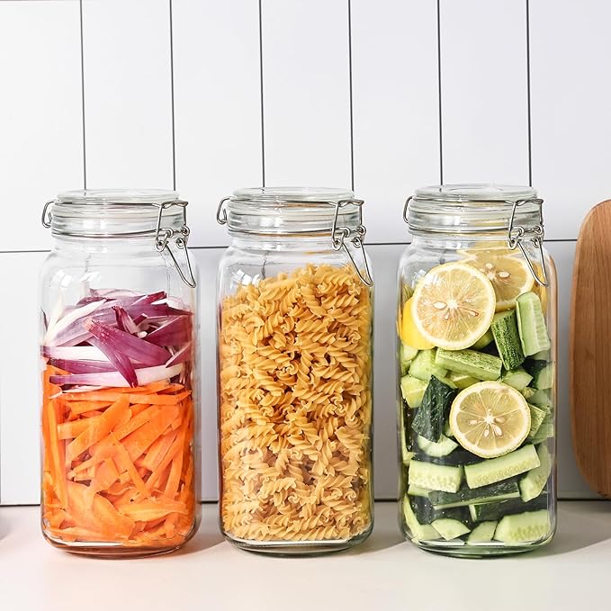 3 Pack 78oz Mason Glass Jars with Clamp Lids, Large Clear Airtight Food Storage Containers, Glass Canisters for Coffee, Sugar, Flour, Pasta, Spices, BPA-Free