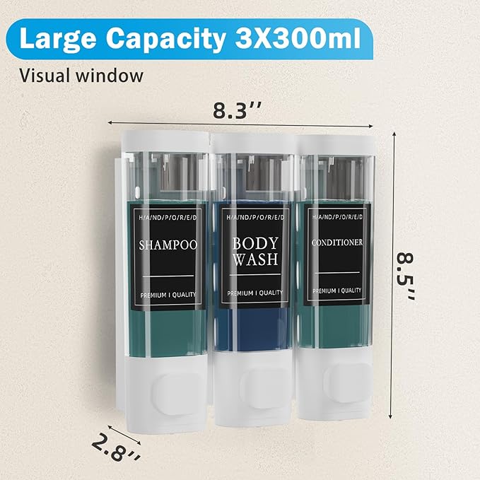 Shampoo and Conditioner Dispenser, Shower Shampoo Dispenser 3 Chamber No Drill, Shampoo and Conditioner Bottles for Bathroom Hotel Large Capacity(White)