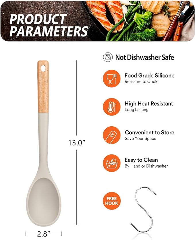 Large Silicone Cooking Spoons, Nonstick Solid Wooden Handle Spoon, Heat Resistan Silicone Kitchen Spoons for Cooking, Serving, Basting, Mixing, 13.2inch (Khaki)