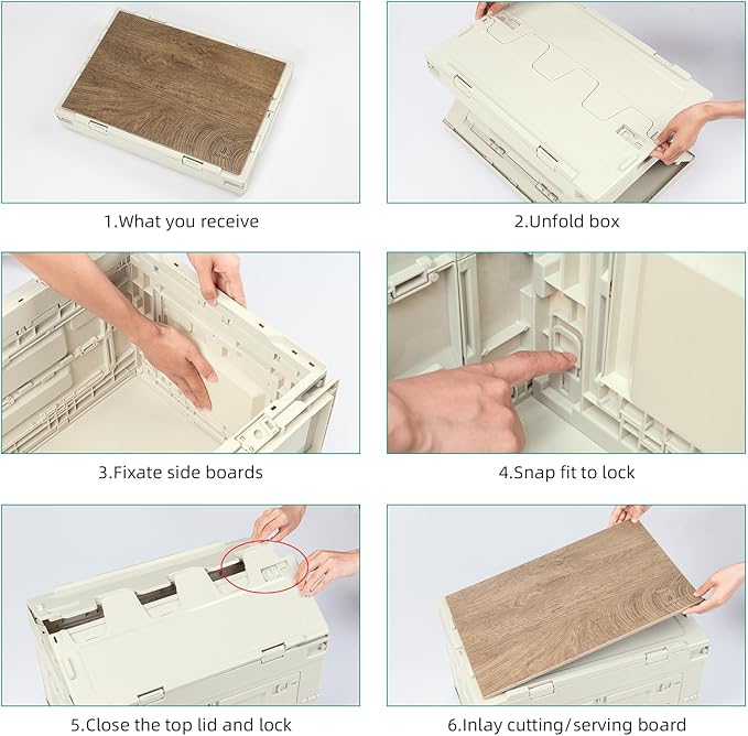 Collapsible Storage Bins with Lockable Doors & Removable Cutting Board, 60L Foldable Stackable Heavy-Duty Box for Camping, Picnic, Closet, Garage