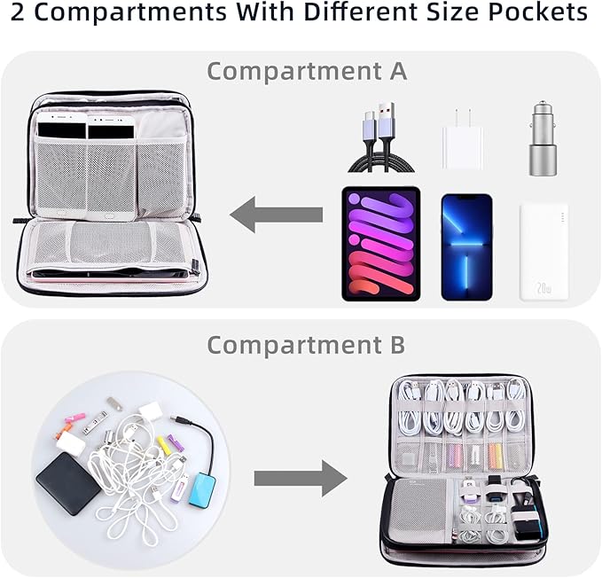Electronics Organizer Travel Case Cord Cable Charger Organizer Bag Travel Accessories Essentials for Women Men Double Layers Tech Pouch with 5 Cable Ties for Phone Power Bank SD Card USB, Black