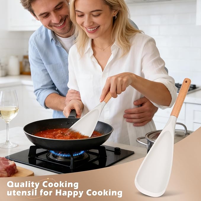 Cooking Spoon Set for Non-Stick Cookware - Wooden Handle & Multifunction Cooking Spoon Spatula, Heat-Resistant Kitchen Utensils for Stirring, Mixing, Serving (1, WHITE)