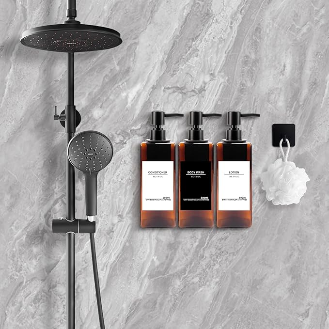 Shampoo Dispenser for Shower Wall, Shampoo and Conditioner Dispenser with 16 Waterproof Labels, No Drill Shower Soap Dispenser Bathroom, Shower Soap Dispenser Wall Mounted 3 chamber, 17oz, Black Amber