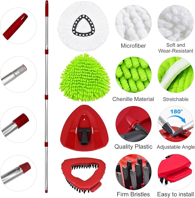 4 Pack Replacement Mop Heads& Handle Scrub Brush and Base Combo Set Compatible with Ocedar Spin Mops Refills，30-58" Mop Handle and Microfiber Head Refills for Cleaning