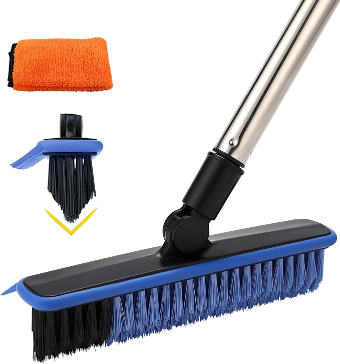 2 in 1 Floor Scrub Brush Grout Brush with 57.8" Long Handle,120°Rotatable Shower Tile Grout Scrubber,V-Shaped Corner Brush for Hard to Reach Areas (Blue)