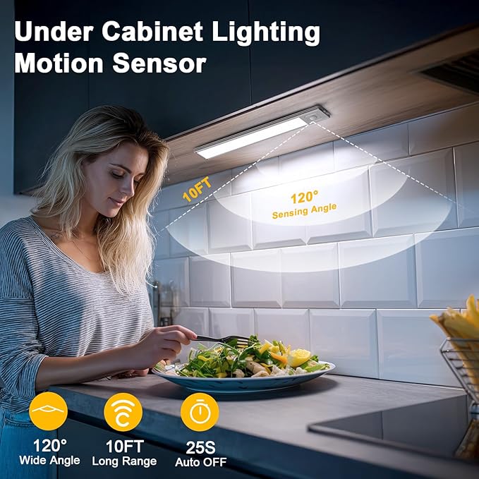 Onforu 13.8" Under Cabinet Lighting, 2700mAh USB-C Rechargeable, Motion Sensor Under Cabinet Lights with 3 Color & Dimmable, Magnetic Under Counter Lights for Kitchen, Closet, 2 Pack