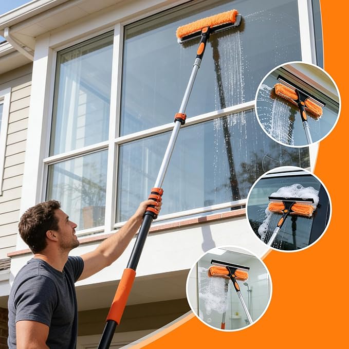 26FT Window Cleaning Kit, 2-in-1 Squeegee with 5-20FT Telescoping Pole & Flip-Lock & Screw Dual Locking