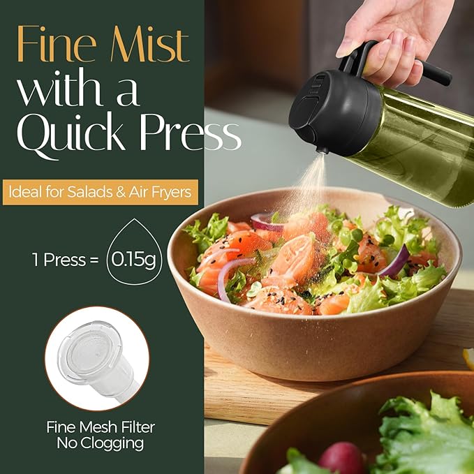 YARRAMATE 16oz/470ml Light-Blocking Dark Oil Sprayer for Cooking, 2 in 1 Olive Oil Dispenser Bottle for Kitchen, Premium Dark Green Glass Oil Bottle, Food-Grade Oil Mister for Air Fryer, BBQ (Black)