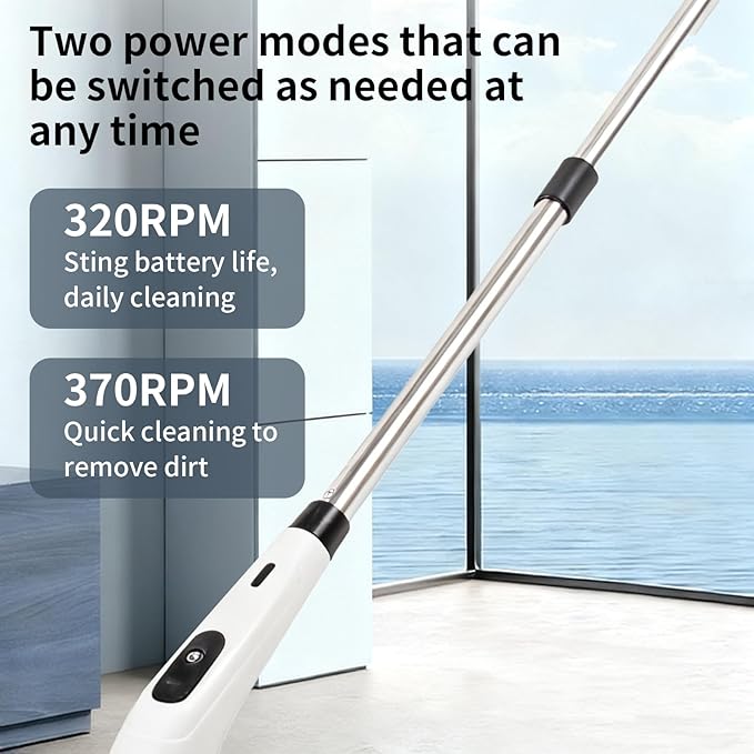 Rechargeable Electric Spin Scrubber, Waterproof Power Cleaner with 7 Brush Heads,1 Window Squeegee,2 Speeds Adjustable Long Handle for Bathroom, Floor