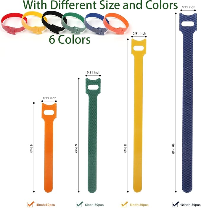Cable Ties 180PCS, 4+6+8+10 inch Reusable Multi-Colour Cable Ties Wire Ties Cord Organizer Cable Organizer Adjustable Cable Management for Cable Management (4+6+8+10 Inch(Colorful))