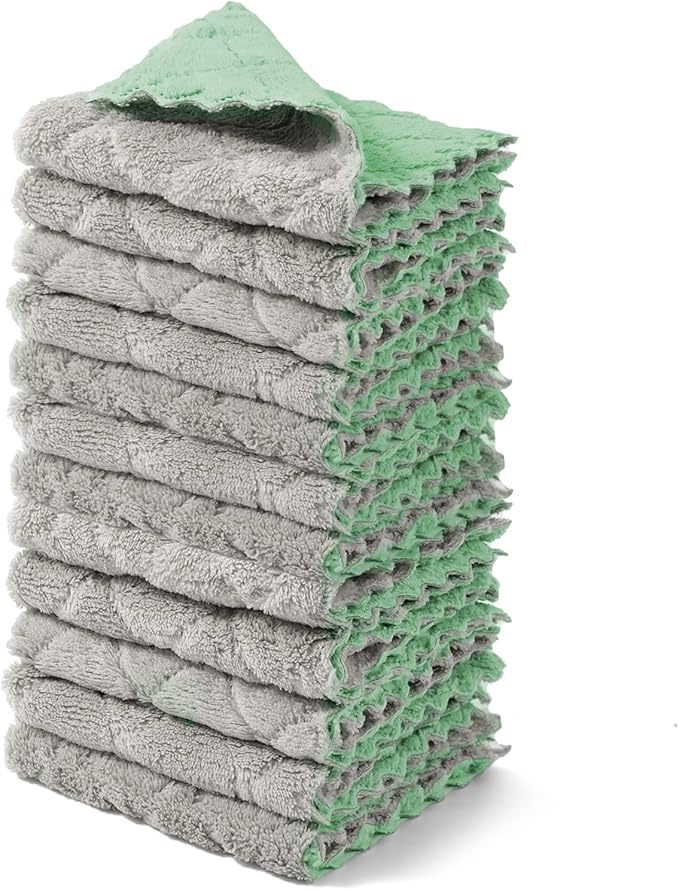 kimteny 12 Pack Dish Towels, 10x10 in Premium Dish Cloths, Super Absorbent Kitchen Towels Coral Velvet Dishcloths Nonstick Oil Fast Drying Washcloths (Green-Grey)