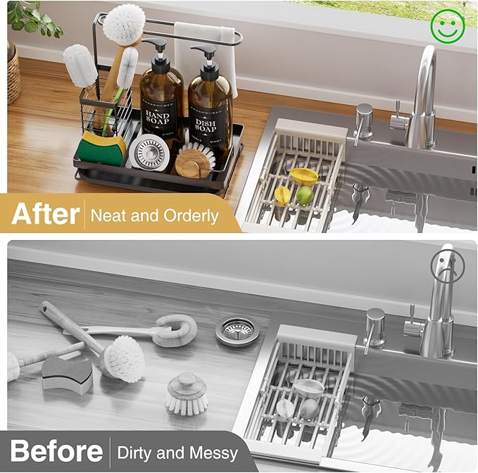 Kitchen Dish Soap Dispenser Set with 2 Pack 17oz Amber Glass Bottles - Rustproof Stainless Steel Organizer & Removable Tray - Farmhouse Soap and Sponge Caddy for Kitchen Sink Countertop Decor