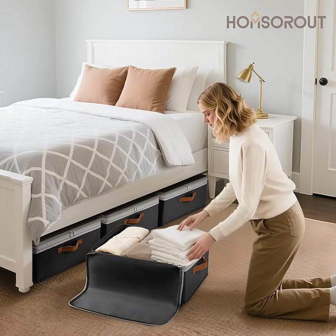Homosorout Large Closet Storage Bins - Compression Organizer Bins, Stackable Closet Organizer, Expandable Under Bed Storage Containers for Clothes, Towels, Sheet, 2 Pack, Black