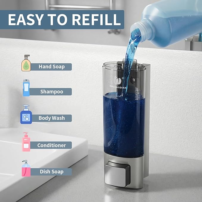 Manual Soap Dispenser Wall Mount, 6.76oz/200ml Liquid Soap Dispenser for Kitchen, No Drill Bathroom Shampoo and Conditioner Dispenser, Refillable Hand Sanitizer Dispenser for Home & Office (Sliver)