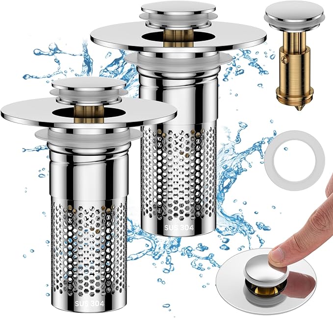 Bathroom Sink Drain Strainer，Pop Up Sink Drain Filter with Removable Stainless Steel Filter Basket Hair Catcher，Bathroom Drain Stopper Sink Plug