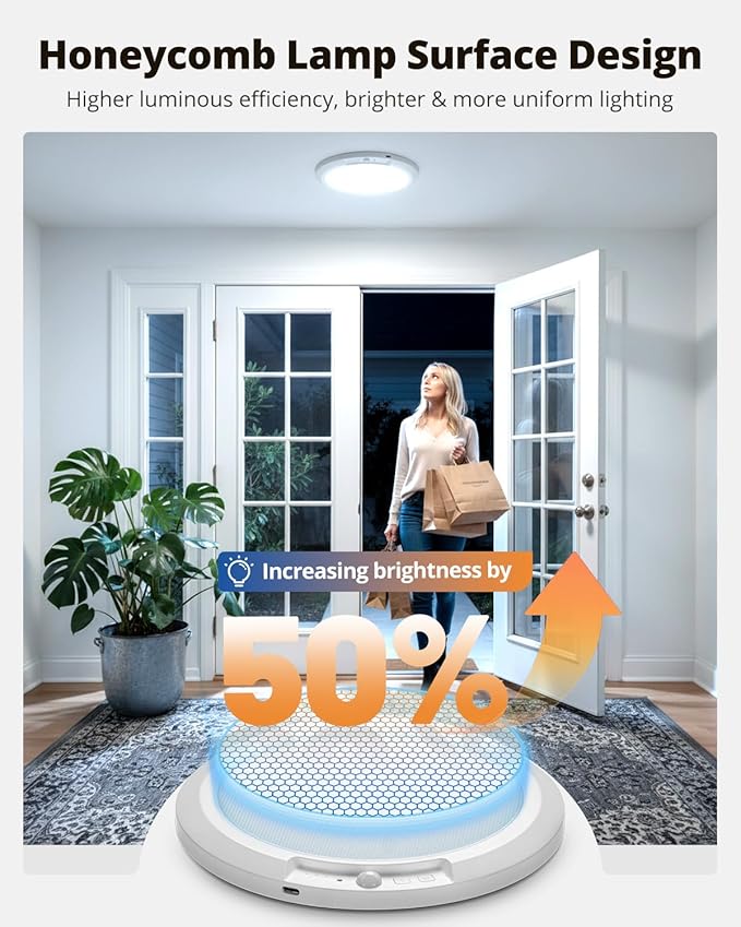 wowatt 10000mAh Rechargeable Ceiling Light with Remote, 3 Color Temperatures & Brightness Dimmable, Wireless Ceiling Light with Magnetic Design, Battery Ceiling Light for Shower Hallway Pantry(2 Pcs)