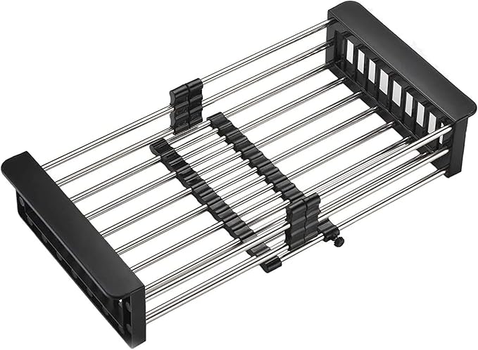 Aspasia Dish Drying Rack, Adjustable Stainless Steel Drainer Basket Drain Tray for Dish Vegetable Fruit, On Counter Dish Rack or in Sink Over Sink Kitchen, Black Basket Dish Drying Rack, Large