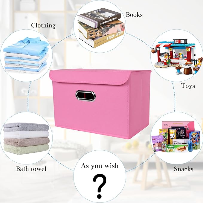 STOREONE Fabric Storage Cube Bins Foldable Organizer Container Collapsible Basket with Lids and Metal Handles, for Home, Bedroom, Closet 8 Pcs (Pink)