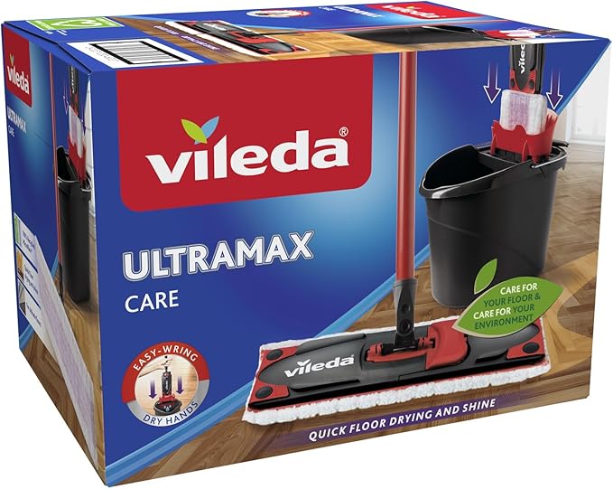 Vileda Ultramax Care Complete Set, Floor Mop with Handle, Bucket with PowerPress, for Sensitive Floors, 100% Recycled Microfibre, Quick-Drying Floor
