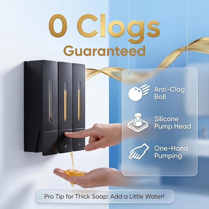 3-Chamber Shampoo, Conditioner & Body Wash Dispenser, Wall-Mounted Shower Soap Dispenser, 1200 ML (3×400 ML) Capacity, No-Drill or Screw Install, Refillable Clear-Window Bottles for Bathrooms & Hotels